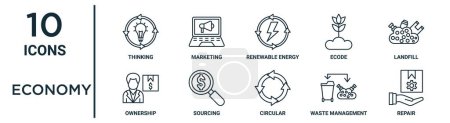 economy outline icon set such as thin line thinking, renewable energy, landfill, sourcing, waste management, repair, ownership icons for report, presentation, diagram, web design
