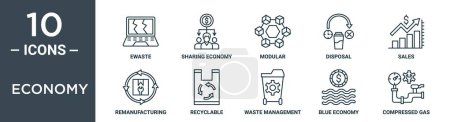 economy outline icon set includes thin line ewaste, sharing economy, modular, disposal, sales, remanufacturing, recyclable icons for report, presentation, diagram, web design