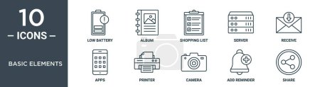 basic elements outline icon set includes thin line low battery, album, shopping list, server, receive, apps, printer icons for report, presentation, diagram, web design