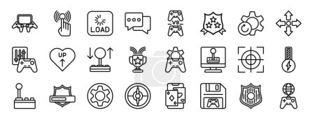 set of 24 outline web game icons such as two players, ping, loading, chat, controller, shield, rotary engine vector icons for report, presentation, diagram, web design, mobile app