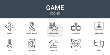 set of 10 outline web game icons such as arrow, online gaming, controller, connection, video game, live, card game vector icons for report, presentation, diagram, web design, mobile app