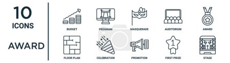Auszeichnungssymbole wie dünnes Budget, Maskerade, Auszeichnung, Feier, erster Preis, Bühne, Grundriss-Symbole für Bericht, Präsentation, Diagramm, Webdesign