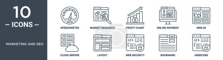 El conjunto de iconos de marketing y SEO incluye velocímetro de línea delgada, investigación de mercado, gráfico de ganancias, pago en línea, web de, servidor en la nube, iconos de diseño para informe, presentación, diagrama, diseño web