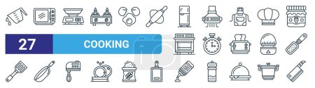 set of 27 outline web cooking icons such as measuring jug, microwave, food scale, exhaust hood, timer, pan, ketchup, knife vector thin line icons for web design, mobile app.