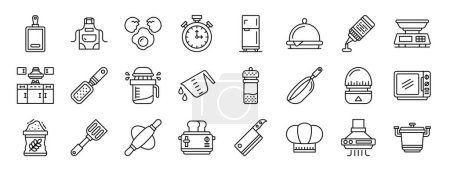 Ilustración de Conjunto de 24 iconos de cocina web esquema como tabla de cortar, delantal, huevo, temporizador, nevera, bandeja, ketchup vector iconos para el informe, presentación, diagrama, diseño web, aplicación móvil - Imagen libre de derechos