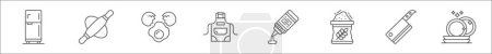 Ilustración de Esquema conjunto de iconos de línea de cocción. iconos de vectores lineales como nevera, rodillo, huevo, delantal, ketchup, harina, cuchillo, placa - Imagen libre de derechos