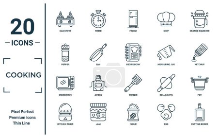 Ilustración de Set de iconos lineales de cocina. incluye estufa de gas de línea fina, pimienta, microondas, temporizador de cocina, tabla de cortar, libro de recetas, iconos de olla para el informe, presentación, diagrama, diseño web - Imagen libre de derechos