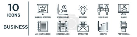 business outline icon set such as thin line business strategy, strategy, online, office building, growth, pos terminal, accounting book icons for report, presentation, diagram, web design