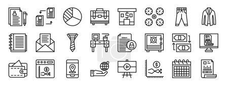 set of 24 outline web business icons such as curriculum vitae, exchange, pie chart, briefcase, shop, time, trousers vector icons for report, presentation, diagram, web design, mobile app