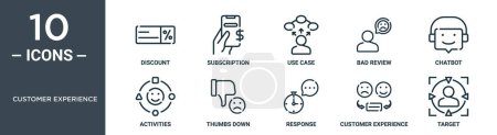 customer experience outline icon set includes thin line discount, subscription, use case, bad review, chatbot, activities, thumbs down icons for report, presentation, diagram, web design