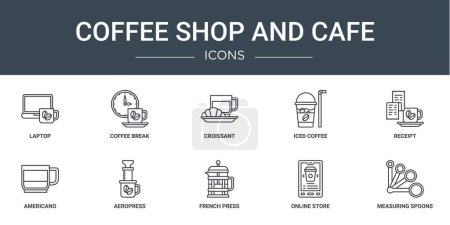 set of 10 outline web coffee shop and cafe icons such as laptop, coffee break, croissant, iced coffee, receipt, americano, aeropress vector icons for report, presentation, diagram, web design,
