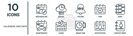 calendar and date outline icon set such as thin line rescheduling, volume, diary, lunar, notification, contact book, maintenance icons for report, presentation, diagram, web design