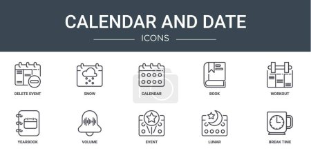 Illustration for Set of 10 outline web calendar and date icons such as delete event, snow, calendar, book, workout, yearbook, volume vector icons for report, presentation, diagram, web design, mobile app - Royalty Free Image