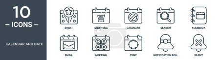 Illustration for Calendar and date outline icon set includes thin line event, shopping, calendar, search, yearbook, email, meeting icons for report, presentation, diagram, web design - Royalty Free Image