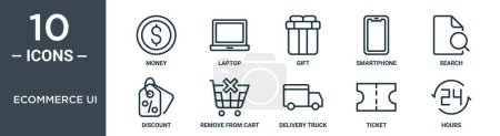 ecommerce ui outline icon set includes thin line money, laptop, gift, smartphone, search, discount, remove from cart icons for report, presentation, diagram, web design