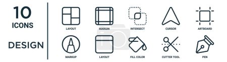 Designsymbole wie Thin Line Layout, Schnittpunkt, Grafik, Layout, Schneidewerkzeug, Stift, Markup-Symbole für Bericht, Präsentation, Diagramm, Webdesign