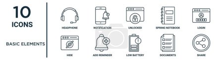 basic elements outline icon set such as thin line headphone, unlocked, login, add reminder, documents, share, hide icons for report, presentation, diagram, web design