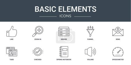 set of 10 outline web basic elements icons such as like, zoom in, server, funnel, send, tabs, checked vector icons for report, presentation, diagram, web design, mobile app