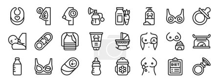 set of 24 outline web breastfeeding icons such as baby bib, lactation, breast, breast pump, milk, breast, bra vector icons for report, presentation, diagram, web design, mobile app