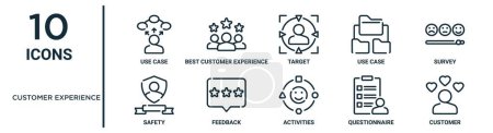 customer experience outline icon set such as thin line use case, target, survey, feedback, questionnaire, customer, safety icons for report, presentation, diagram, web design