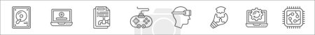 outline set of technology line icons. linear vector icons such as hard drive, installation, data leak, gamepad, vr glasses, problem solving, restart, chip