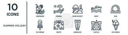 summer holiday outline icon set such as thin line lemonade, sand bucket, sun, pants, castle, ice cream, ice cream icons for report, presentation, diagram, web design