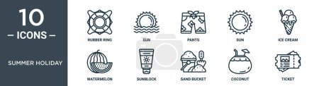 summer holiday outline icon set includes thin line rubber ring, sun, pants, sun, ice cream, watermelon, sunblock icons for report, presentation, diagram, web design