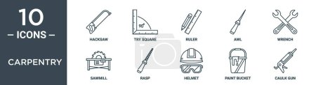 carpentry outline icon set includes thin line hacksaw, try square, ruler, awl, wrench, sawmill, rasp icons for report, presentation, diagram, web design
