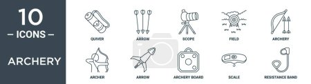 Ilustración de Conjunto de iconos de contorno de tiro con arco incluye carcaj línea delgada, flecha, alcance, campo, tiro con arco, arquero, iconos de flecha para el informe, presentación, diagrama, diseño web - Imagen libre de derechos