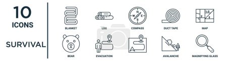 Symbolset zum Überleben wie dünne Liniendecke, Kompass, Karte, Evakuierung, Lawine, Lupe, Bärensymbole für Bericht, Präsentation, Diagramm, Webdesign
