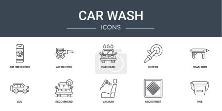 set of 10 outline web car wash icons such as air freshener, air blower, car wash, buffer, foam gun, suv, recommend vector icons for report, presentation, diagram, web design, mobile app