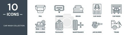 car wash collection. outline icon set includes thin line pail, cleaning, brush, car wash, car wash, recommend, packages icons for report, presentation, diagram, web design