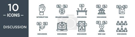 conjunto de iconos de esquema de discusión incluye interrupción de línea delgada, lluvia de ideas, discusión, discusión, libro, iconos para el informe, presentación, diagrama, diseño web