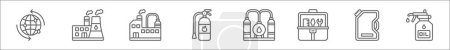 esquema conjunto de iconos de línea de la industria petrolera. iconos vectoriales lineales como en todo el mundo, planta de energía, fábrica, extintor de incendios, destilación, caja de herramientas, bidón, aceite
