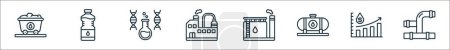 outline set of oil industry line icons. linear vector icons such as mining cart, vegetable oil, biochemistry, factory, refinery, oil tank, price, pipe