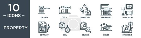 conjunto de iconos de esquema de propiedad incluye subasta de línea delgada, vendido, comercialización, comercialización, sala de estar, contrato, iconos de acuerdo para el informe, presentación, diagrama, diseño web