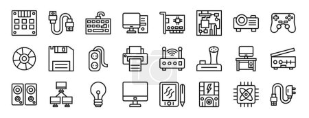 set of 24 outline web computer and hardware icons such as ssd, hdmi cable, keyboard, computer, network interface card, motherboard, projector vector icons for report, presentation, diagram, web