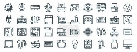 Set von 40 umrissenen Webcomputern und Hardware-Symbolen wie Webcam, Netzstecker, Grafik-Tablet, Laptop, Tastatur, CD, Gamepad-Symbole für Bericht, Präsentation, Diagramm, Webdesign, mobile App