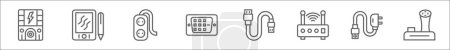 outline set of computer and hardware line icons. linear vector icons such as uninterrupted power supply, graphic tablet, extension, dvi, usb cable, wireless router, adapter, joystick