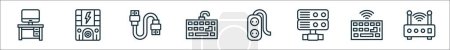 outline set of computer and hardware line icons. linear vector icons such as table, uninterrupted power supply, hdmi cable, keyboard, extension, server, wireless keyboard, wireless router