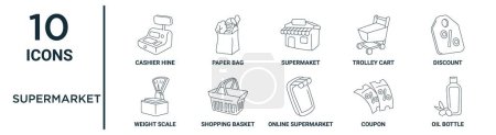 Ilustración de Conjunto de iconos de esquema de supermercado como línea delgada cajero hine, supermaket, descuento, cesta de la compra, cupón, botella de aceite, iconos de escala de peso para el informe, presentación, diagrama, diseño web - Imagen libre de derechos