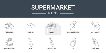 set of 10 outline web supermarket icons such as vegetables, sausage, candy, barcode scanner, cctv camera, shopping basket, beer vector icons for report, presentation, diagram, web design, mobile app