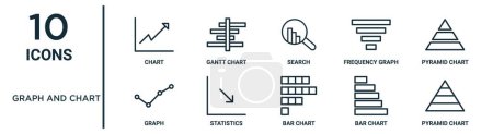 graph and chart outline icon set such as thin line chart, search, pyramid chart, statistics, bar pyramid graph icons for report, presentation, diagram, web design