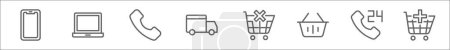 outline set of ecommerce ui line icons. linear vector icons such as smartphone, laptop, phone call, delivery truck, remove from cart, shopping basket, hours, add to cart