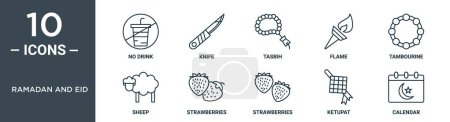ramadan and eid outline icon set includes thin line no drink, knife, tasbih, flame, tambourine, sheep, strawberries icons for report, presentation, diagram, web design