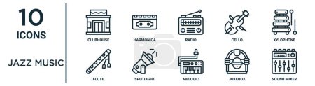 Ilustración de Conjunto de iconos de esquema de música de jazz como casa club de línea delgada, radio, xilófono, proyector, jukebox, mezclador de sonido, iconos de flauta para el informe, presentación, diagrama, diseño web - Imagen libre de derechos