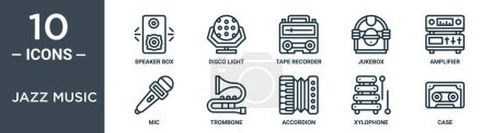 Ilustración de Conjunto de iconos de esquema de música jazz incluye caja de altavoces de línea delgada, luz disco, grabadora, jukebox, amplificador, micrófono, trombón iconos para el informe, presentación, diagrama, diseño web - Imagen libre de derechos