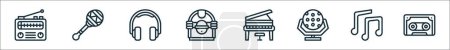 Ilustración de Esquema conjunto de iconos de línea de música de jazz. iconos vectoriales lineales como radio, maracas, auriculares, jukebox, piano, luz disco, nota musical, caja - Imagen libre de derechos