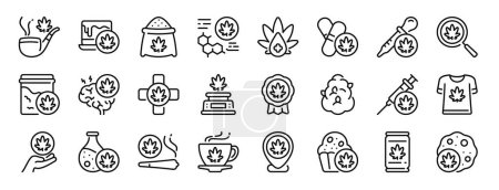 set of 24 outline web cannabis and weed icons such as pipe, brownie, flour, molecule, weed, pill, pipette vector icons for report, presentation, diagram, web design, mobile app