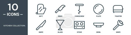 Küchensammlung. Umrisssymbolset enthält dünne Handschuhe, Messer, Korkenzieher, Teller, Toaster, Messer, Glassymbole für Bericht, Präsentation, Diagramm, Webdesign